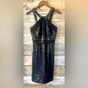 THEIA- Black Sheer Mesh Gold Sequin dress